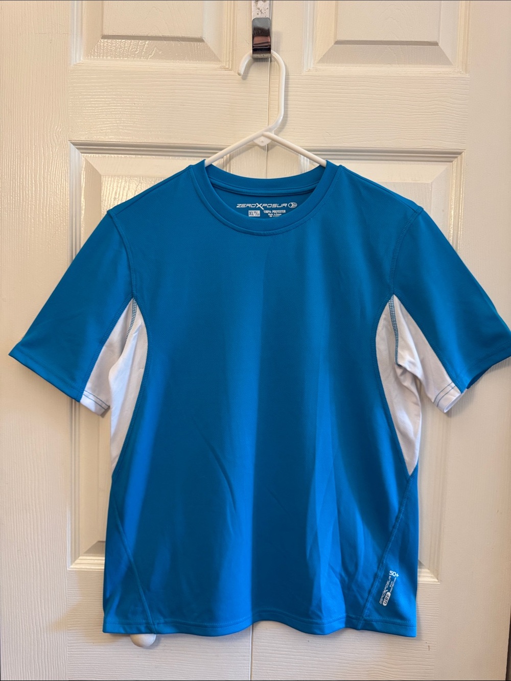 ZeroXposur Youth Boy Teal-Blue Short Sleeve Swim Top with White Panels